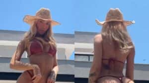 Karoline Lima exibe frente e verso usando biquíni fio-dental e faz clima esquentar nas redes sociais