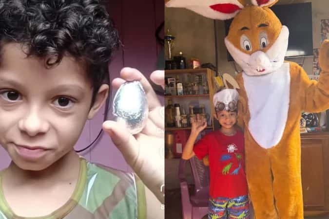 Criança do mini ovo de Páscoa recebe visita de marca de chocolates