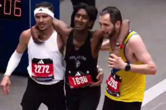 Brasileiro ajuda atleta em colapso e cruza a linha de chegada em Boston