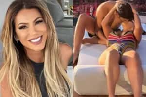 Iran Ângelo, ex de Hulk, beija namorado em piscina de nova mansão