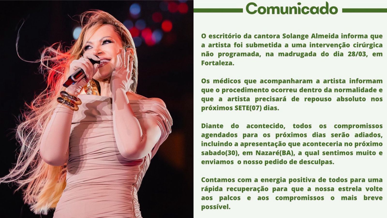 Solange Almeida cancela agenda de shows após passar por cirurgia não programada