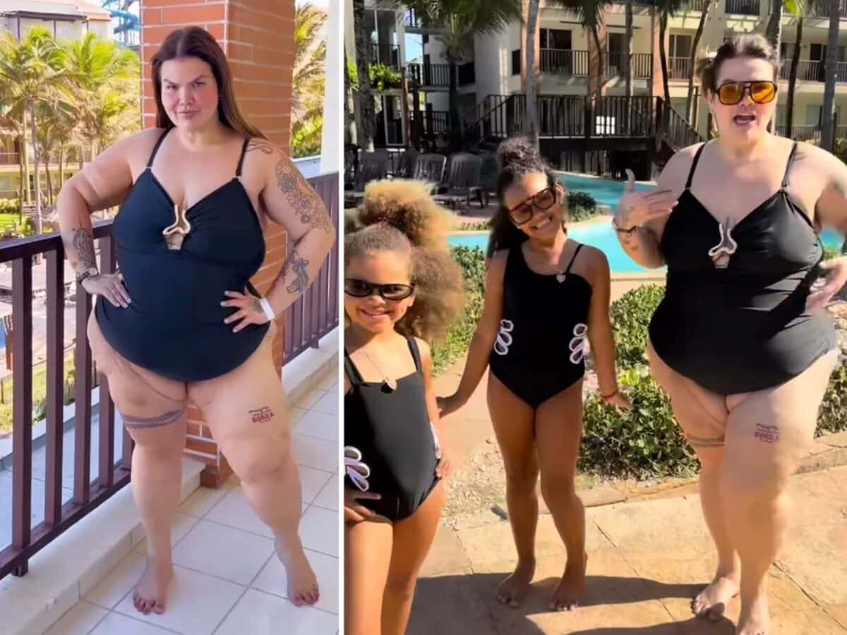 Thais Carla combina maiô com as filhas após perder de 72 kg